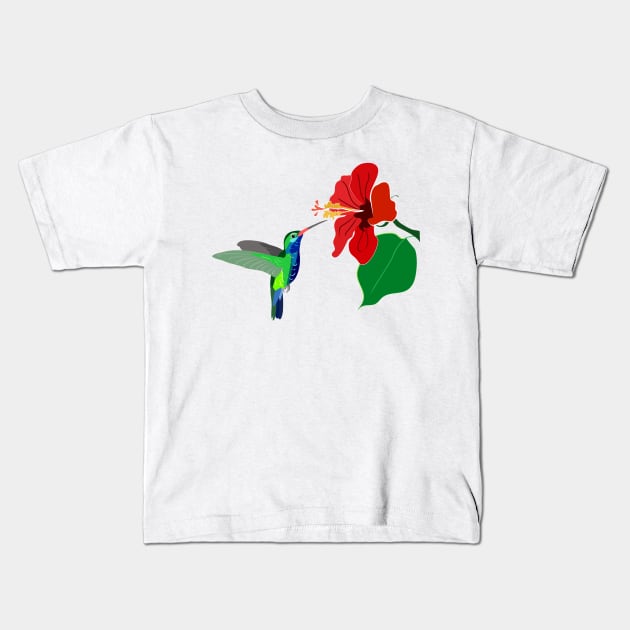 Hummingbird and red hibiscus flower Kids T-Shirt by Orangerinka